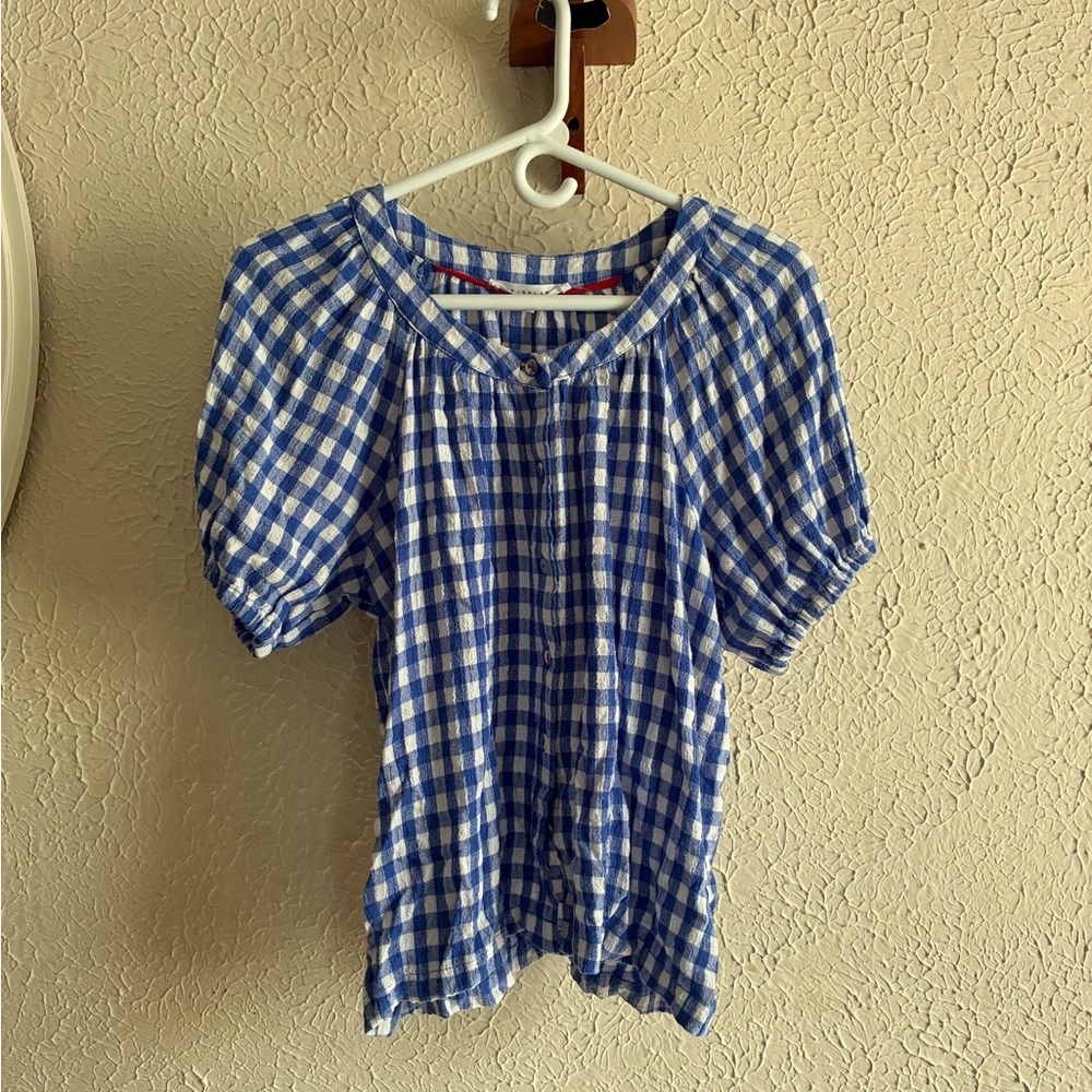 Blue Gingham Puff Sleeve Women’s Top